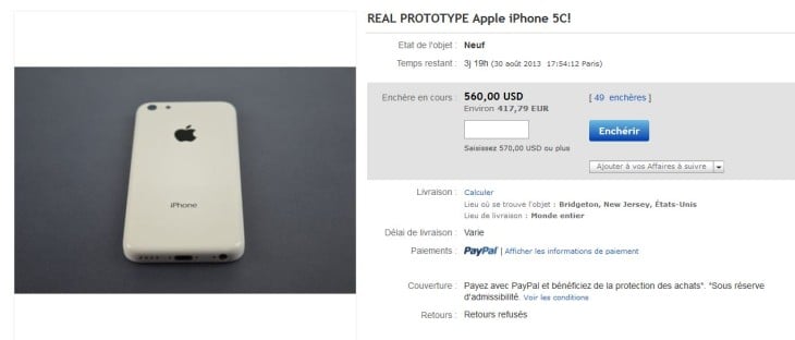 iPhone 5C : un prototype blanc en vente sur Ebay