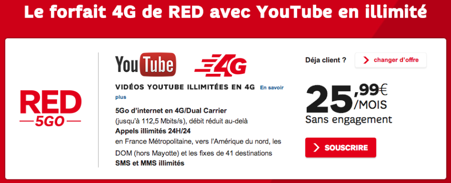 SFR : Forfait RED 4G à 25,99€ avec YouTube illimité