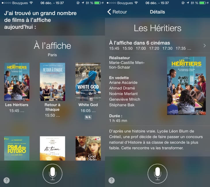 Siri permet de rechercher des séances de cinéma