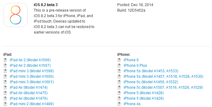 iOS 8.2 bêta 3 disponible sur iPhone, iPad, iPod Touch