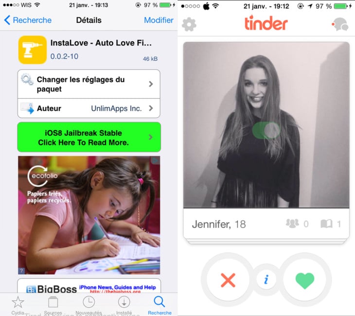 InstaLove : auto-liker les profils Tinder sur iPhone (Cydia – iOS 8)