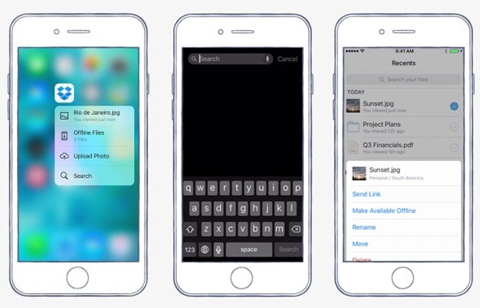 Dropbox : compatibilité iOS 9 et intégration du 3D Touch de l’iPhone 6S