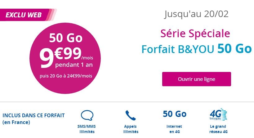 Bouygues : un forfait B&You avec 50 Go d'Internet à 9,99€/mois