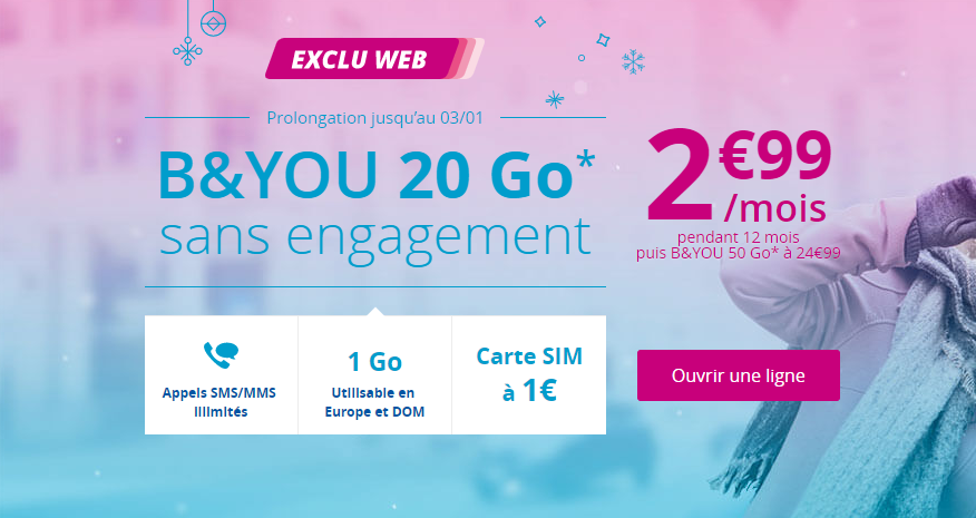 B&You : un forfait 4G avec 20Go de data à 2,99€/mois pendant 1 an !