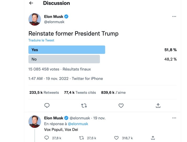 Elon Musk réactive le compte de Trump sur Twitter